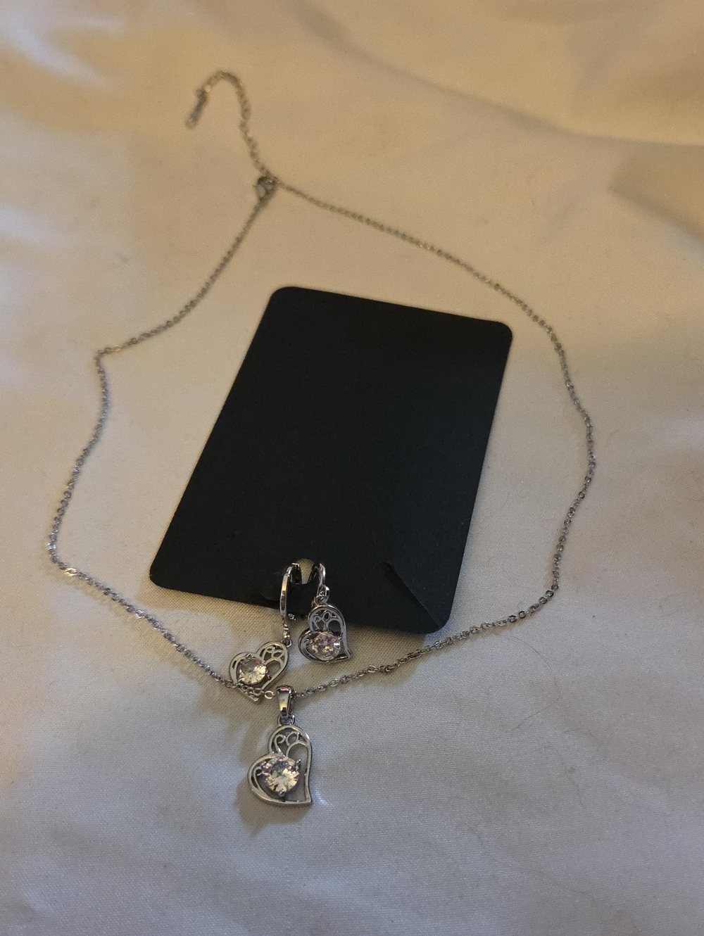 Sterling-Tone Heart Pendant Necklace with Sparkling Stones - Silver